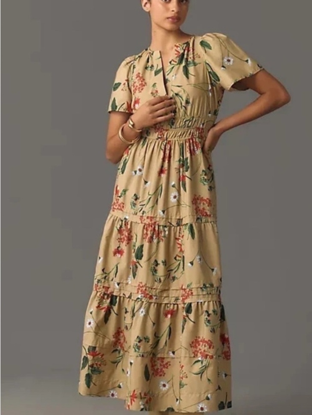 Anthropologie Beige Floral Tiered Maxi Dress
